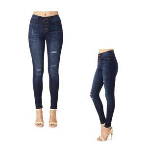 Distressed Denim Dark Blue High Waist Skinny Jeans Size: 13